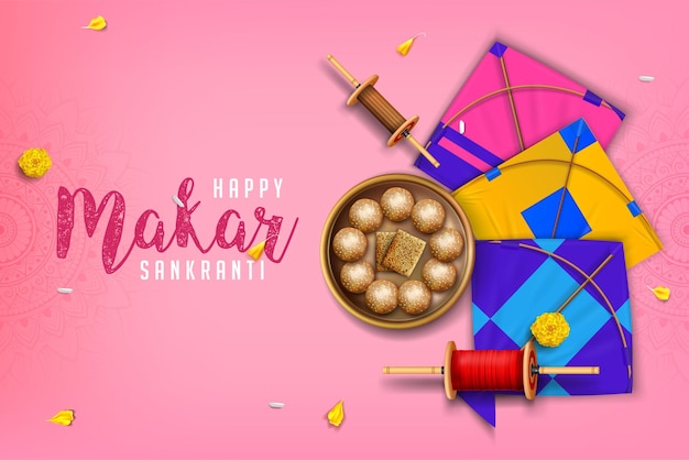 Makar sankranti festival background illustration with kite latai and sweets