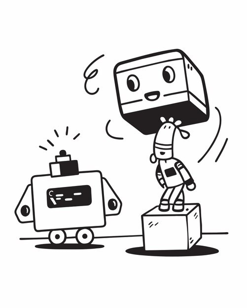 make lego robots building a car vector illustration doodle line art