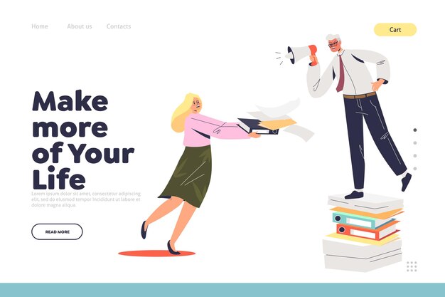 Make more of life landing page concept with angry boss scolding female assistant or secretary busy with paperwork. Office slavery. Businessman screaming at worker.