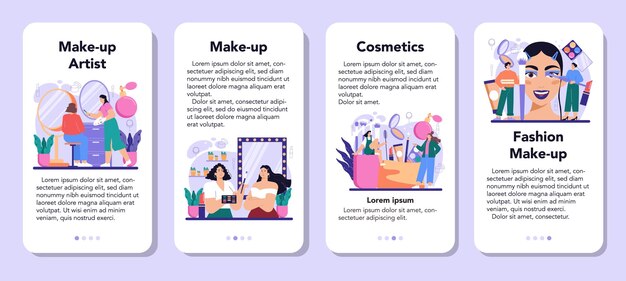 Make up artist mobile application banner set. Professional artist doing a beauty procedure, applying cosmetics on the face. Visagiste doing makeup to a model using a brush. Flat vector illustration