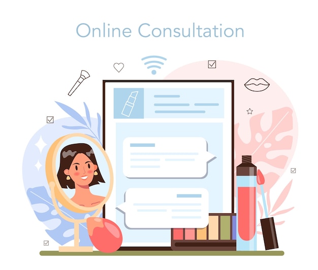 Make up artist online service or platform. Visagiste doing a beauty procedure, applying cosmetics on the face. Online consultation. Flat vector illustration