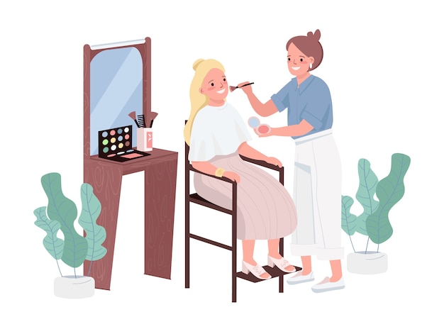 Make up flat color characters. Cosmetology treatment for young woman. Professional makeup artists. Stylist adviser. Visage instruction. Beauty salon procedure isolated cartoon illustration