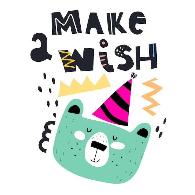 Vector make a wish funny bear hand drawing lettering decoration elements