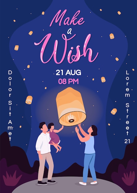 Make wish poster flat template. Sky lantern festival. Chinese flying lights. Brochure, booklet one page concept design with cartoon characters. Family bonding activity flyer, leaflet