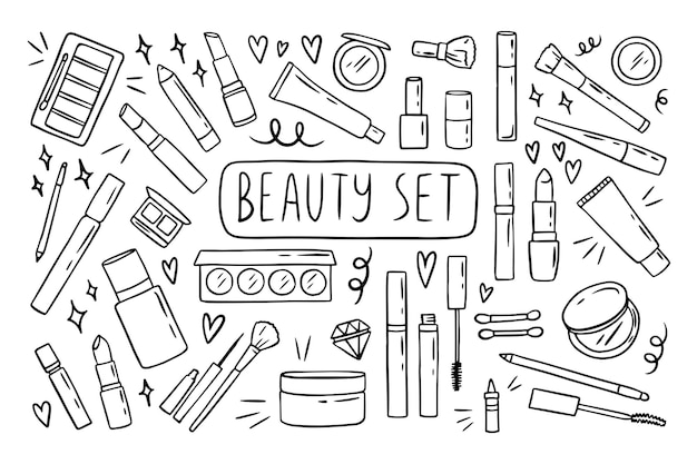 Makeup beauty outline doodle sketch set Cosmetic Simple fashion style