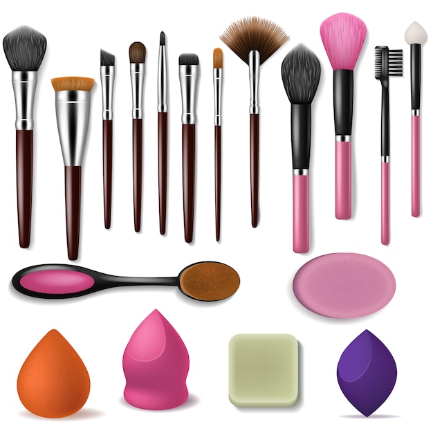 Makeup brush professional beauty applicator accessory and fashion brushed tools for powder blush shadow illustration set of making up cosmetic brushing products isolated on white background