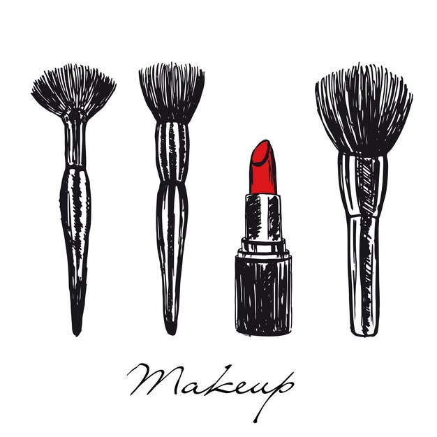 Vector makeup brushes and lipstick hand drawn illustration