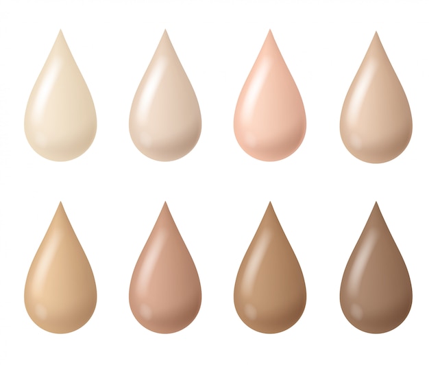 Makeup drops. Woman liquid bb cream foundation beige tints, cosmetic skin fluid tones, creamy texture droplets.   set