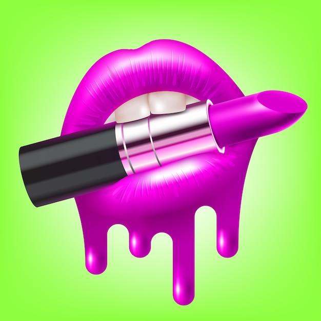 Makeup lipstick in the open woman mouth with glossy melted lips