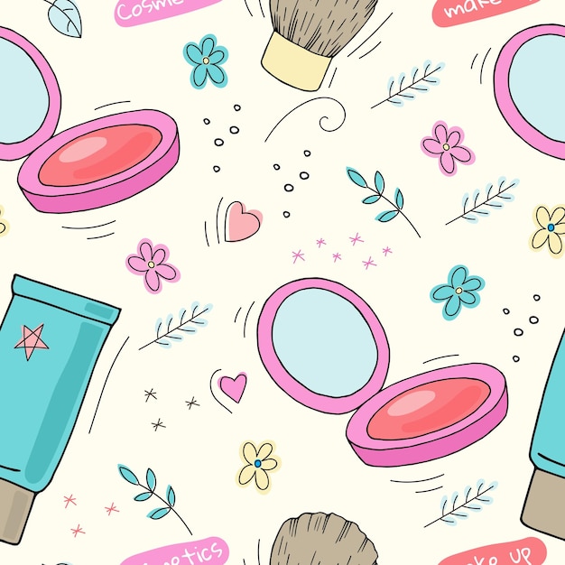 Makeup products, kabuki powder brush, flowers, leaves and decorative elements seamless pattern