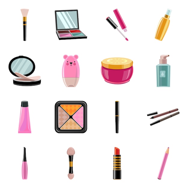 Makeup professional product vector cartoon icon set.Vector isolated illustration brush ,eyeshadow, lipstick and other cosmetic.Icon set of vakeup.