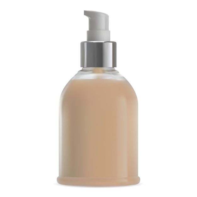 Makeup pump bottle mockup. Shampoo cosmetic packaging. Bb cream foundation airless dispenser package. Hand gel, soap tube vector template. Bath lotion container blank