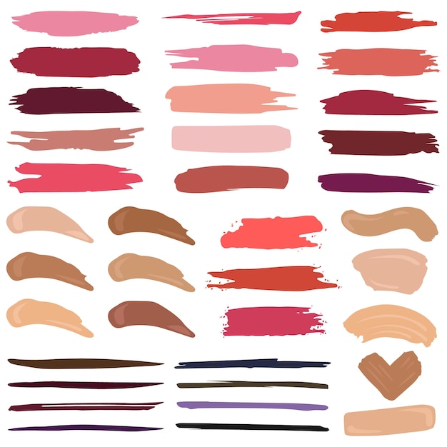 Vector makeup strokes flat icons set different colorful smudge of blush foundation lipstick pastel palette for face cosmetics swatches color isolated illustrations