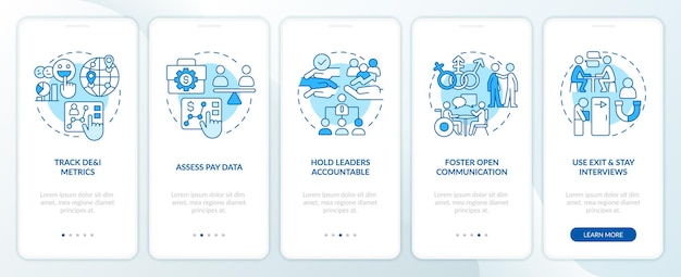 Making DEI efforts practices blue onboarding mobile app screen