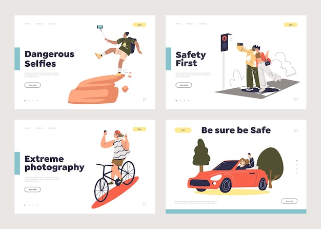 Making selfie and life danger concept of set of cartoon template landing pages