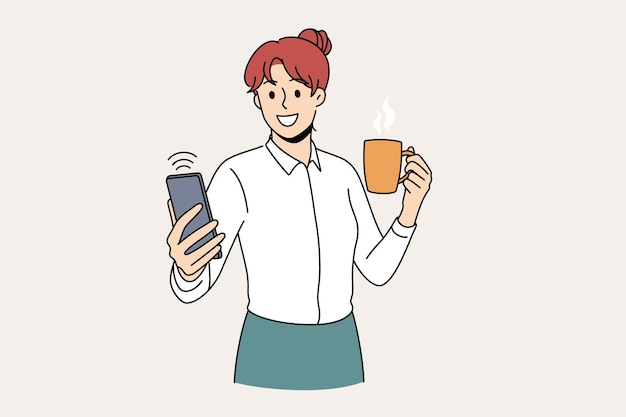 Making selfie and technologies concept. Young smiling woman office worker cartoon character standing holding cup oh hot drink making selfie on camera vector illustration