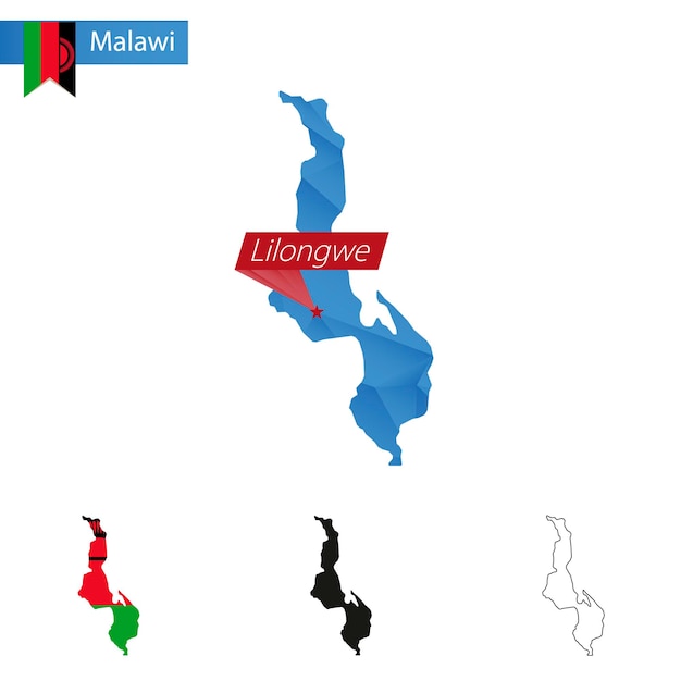 Malawi blue Low Poly map with capital Lilongwe