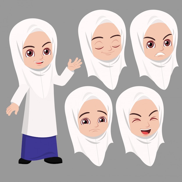 Malay school girl standing and waved with difference face expression