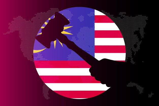 Malaysia flag with judge gavel corruption concept law or legal result news banner