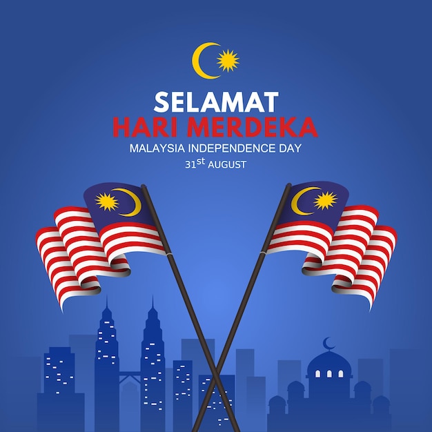 Malaysia independence day background with waving flag on stick and view of the landmarks