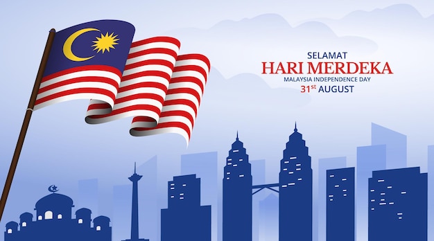 Malaysia independence day background with waving flag on stick and view of the landmarks