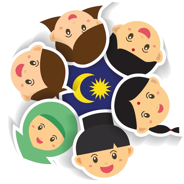 Malaysia Independence Day illustration with cute Malay, Indian and Chinese kid.