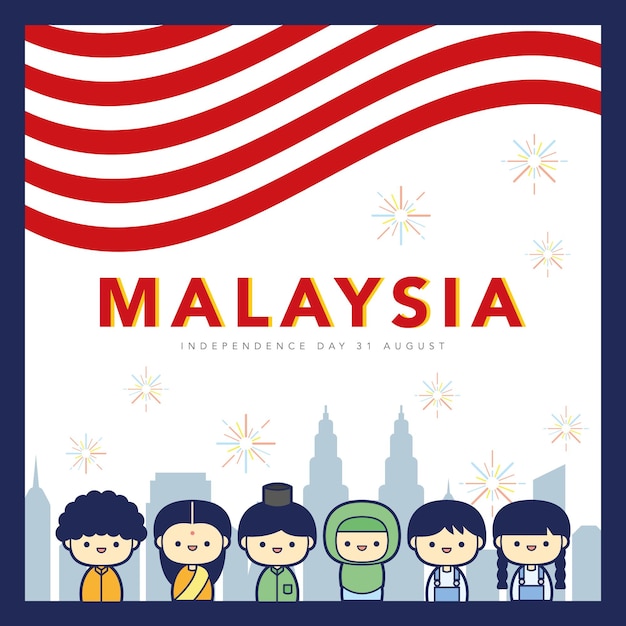 Malaysia Independence Day illustration with cute Malay, Indian and Chinese kid.