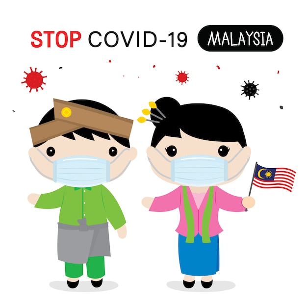 Malaysia People to Wear National Dress and Mask to Protect and Stop Covid-19. Coronavirus Cartoon  for Infographic.