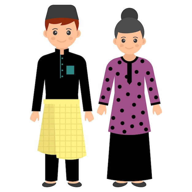 Vector malaysian couple standing together concept baju kurung costume vector design world indigenous people