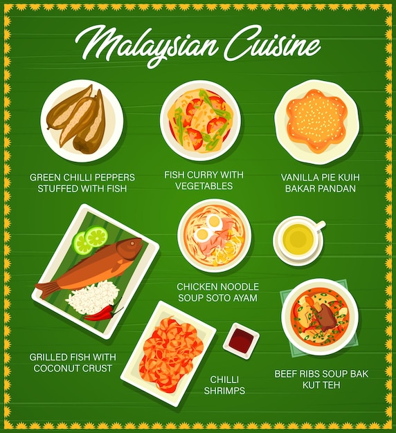 Malaysian cuisine menu page template Chilli peppers stuffed with fish fish curry and vanilla pie Kuih Bakar Pandan Soto Ayam soup grilled fish with coconut and chilli shrimps soup Bak Kut Teh