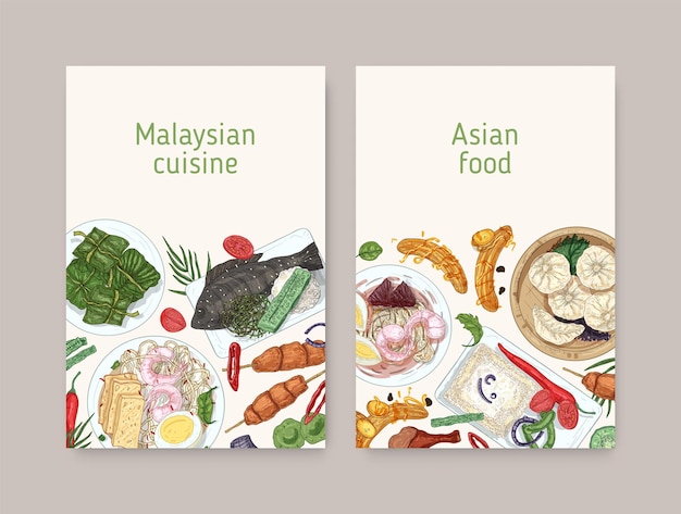 Malaysian cuisine vector poster templates. Asian traditional food realistic hand drawn backgrounds. Chinese meal engraving restaurant flyer. Thai gourmet snacks vintage placard card design.