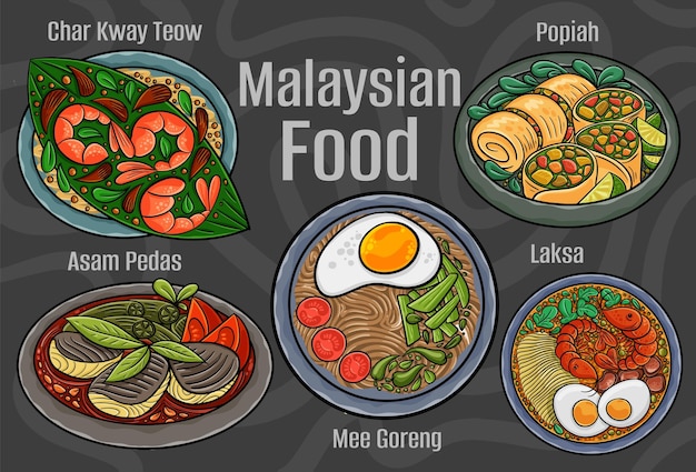 Malaysian food A set of classic dishes Cartoon hand drawn illustration