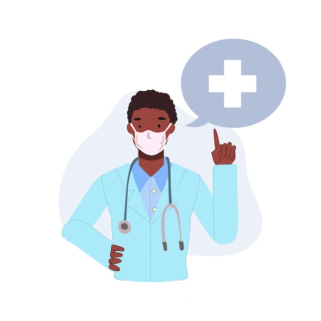 Male Afican American Doctor wearing Medical Face Mask AfricanAmerican Medical person profession Doctor and hospital staff with speech bubble Vetor illustration