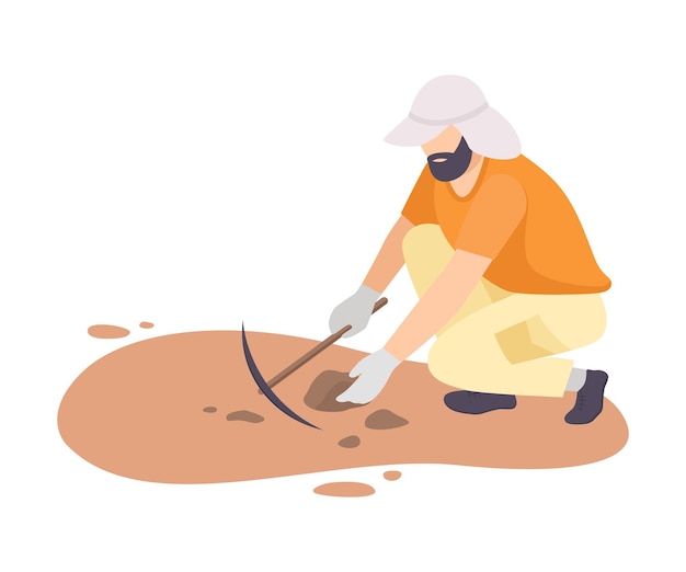 Vector male archaeologist scientist character working on excavations with pickaxe flat vector illustration