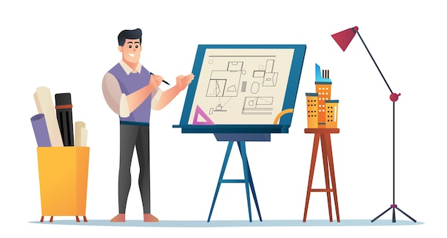 male architect presenting project concept cartoon illustration