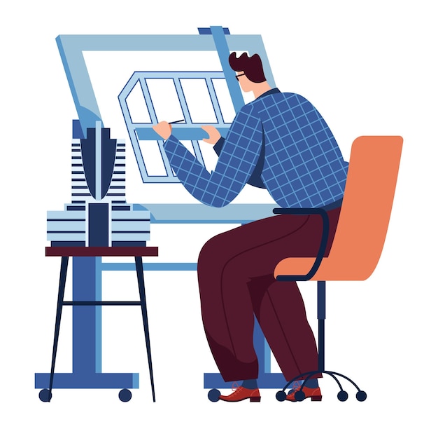 Vector male architect working at drafting table with blueprints designer creating architectural plan focused work environment architecture design precision and planning vector illustration