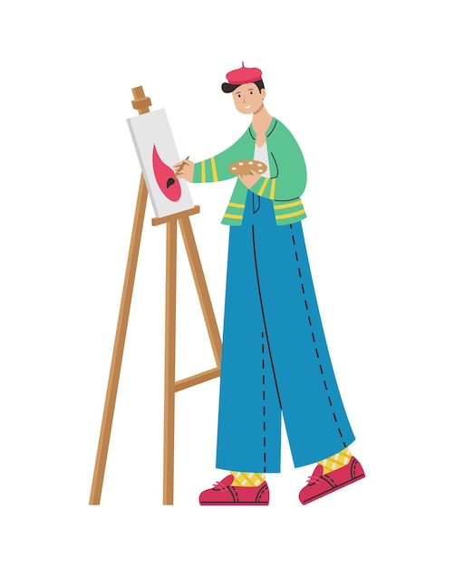 A male artist paints a picture on an easel. Creative professions.