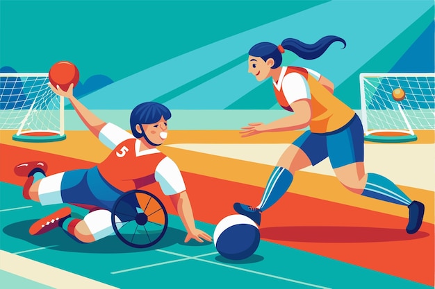 Vector a male athlete in a wheelchair throws a goalball while a teammate runs to assist during a goalball game paralympic goalball customizable semi flat illustration