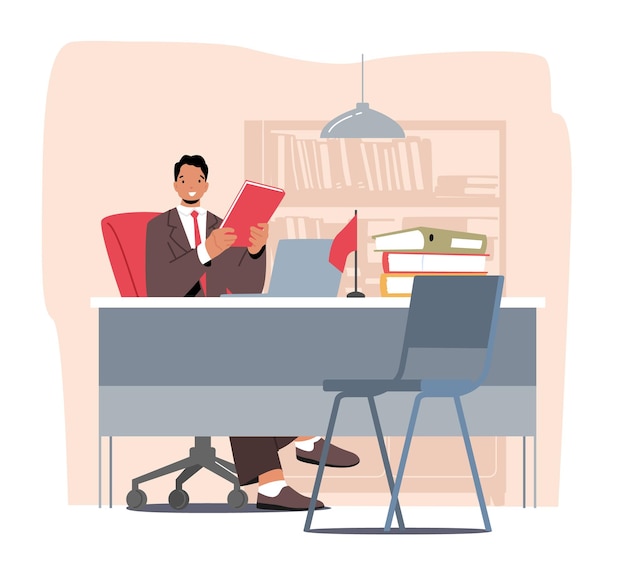 Male Bank Worker Sitting at Table Workplace Holding Folder in Hands. Banking Assistant, Service Providing to Customers, Accountant or Lawyer Office Department. Cartoon People Vector Illustration