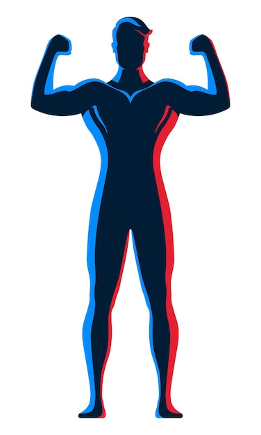 Male bodybuilder standing and posing with arms with red and blue neon contour lighting on his body