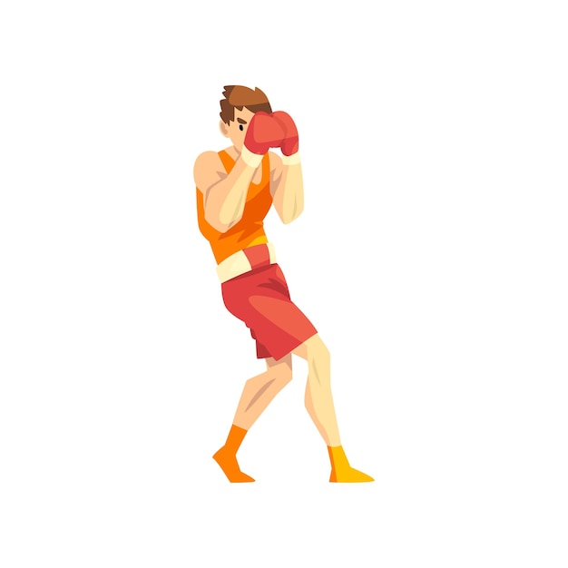 Vector male boxer character training with red boxing gloves active sport lifestyle vector illustration isolated on a white background