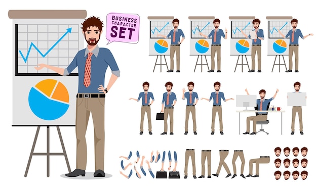 Male business character creation set Office man cartoon characters showing business presentation