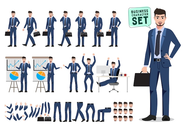 Male business character vector set Business man cartoon character creation set holding briefcase