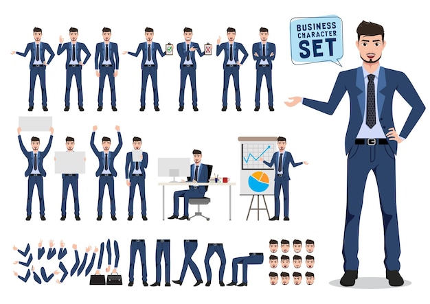 Male business character vector set Business man cartoon character creation with different pose