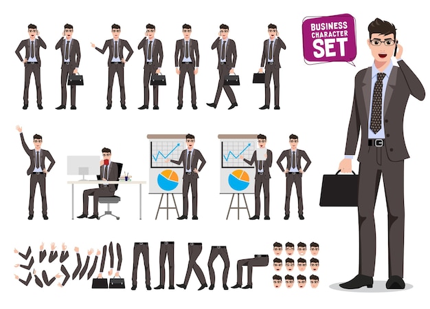 Male business characters vector set Cartoon character creation of business man holding mobile phone