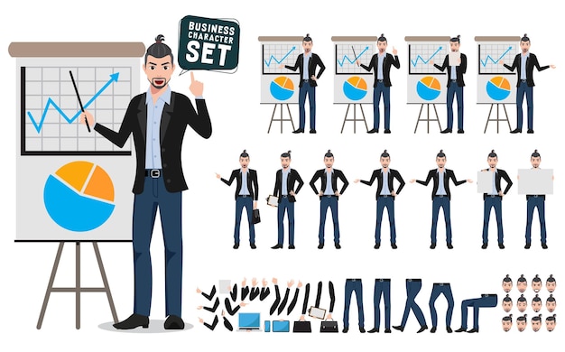 Male business characters vector set Creative artist or designer showing business presentation