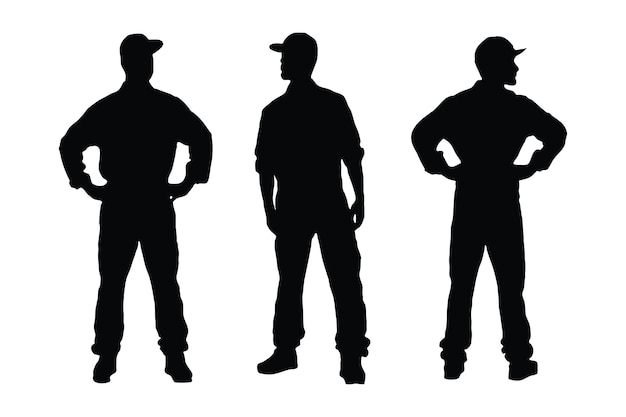 Male carpenter silhouette set vector on a white background Male workers wearing uniforms and standing in different positions Anonymous carpenter men wearing caps silhouette bundles