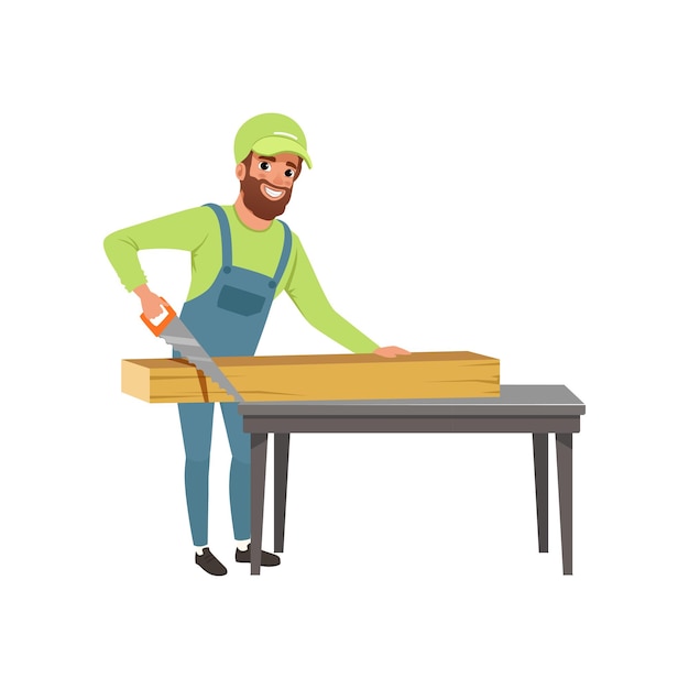 Male carpenter in uniform cutting a wooden plank with hand saw vector Illustration isolated on a white background.