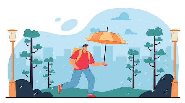 Male cartoon character running in rain with umbrella. Man in city park while raining flat illustration