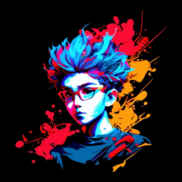 Male character bright T-shirt vector logo, futuristic colorful background with a handsome male face